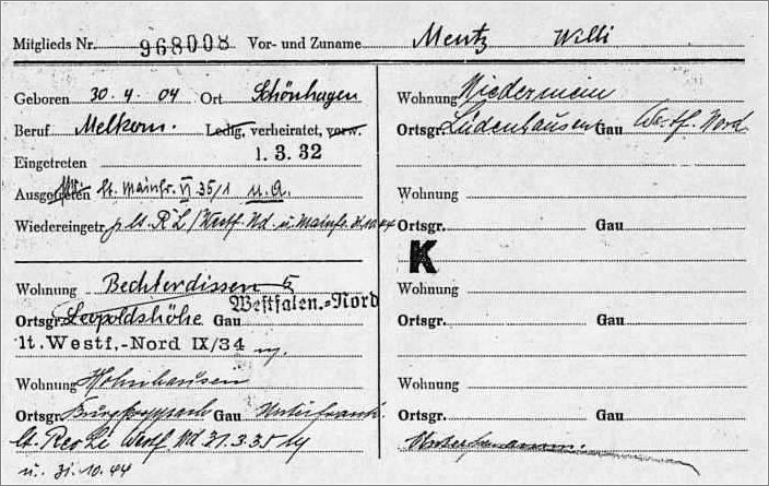Action Reinhard killer Willi Mentz's NSDAP card